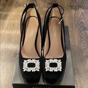 Michael Shannon Black Heeled Slingback Shoes with Rhinestone Embellishment